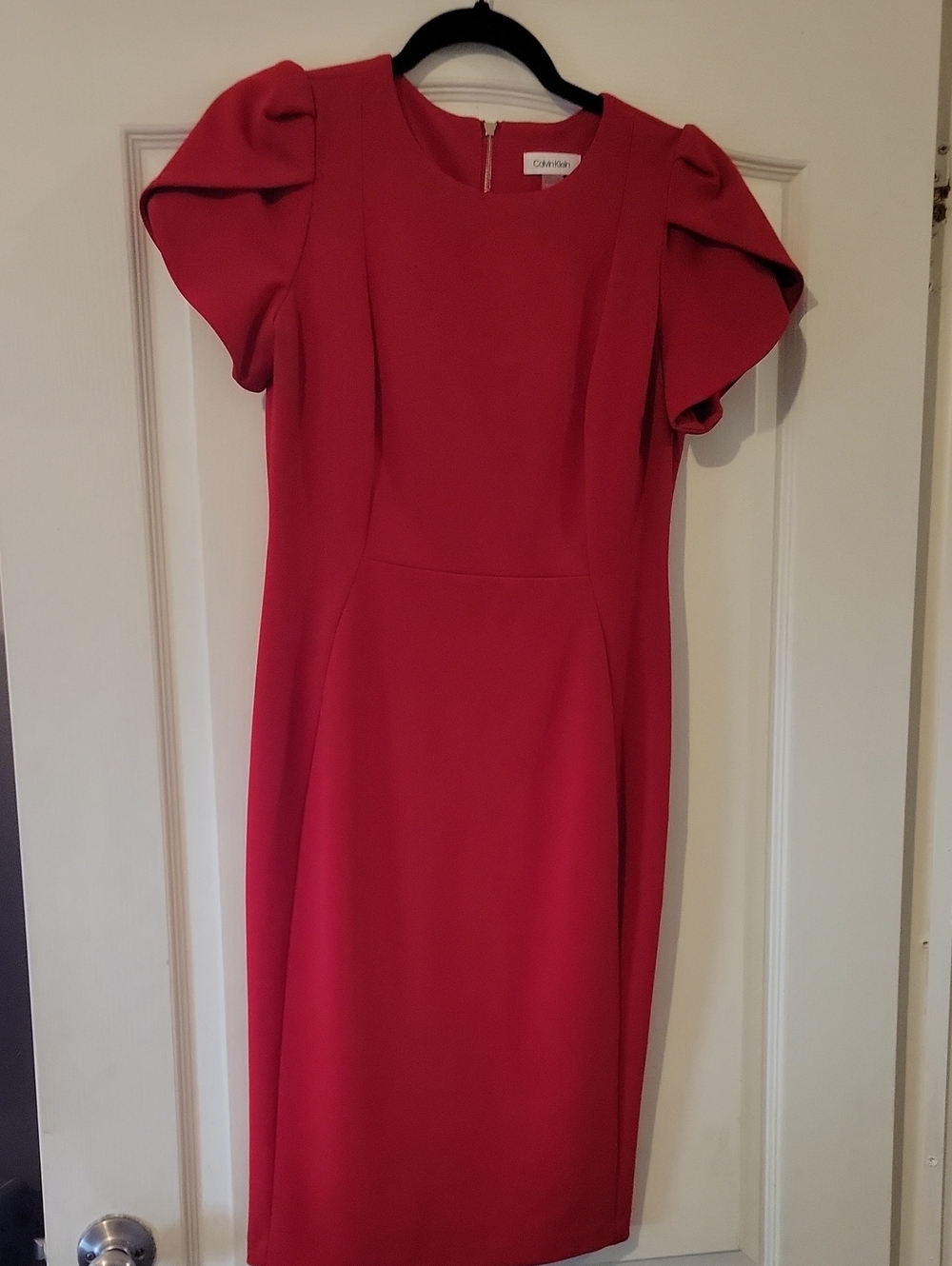 Calvin Klein Red Midi Sheath Dress with Puff Sleeves